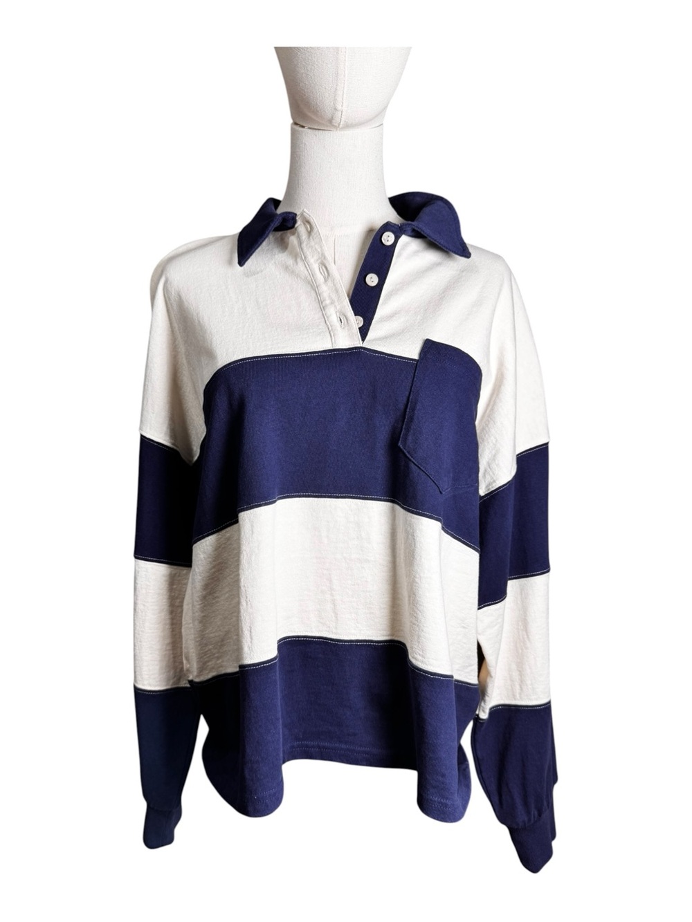 Madewell MWL Striped Cotton Oversized Polo Rugby Shirt Blue White S